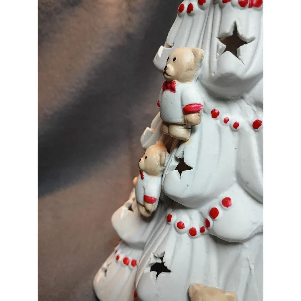 Vintage White Porcelain Lighted Christmas Tree Teddy Bears 9